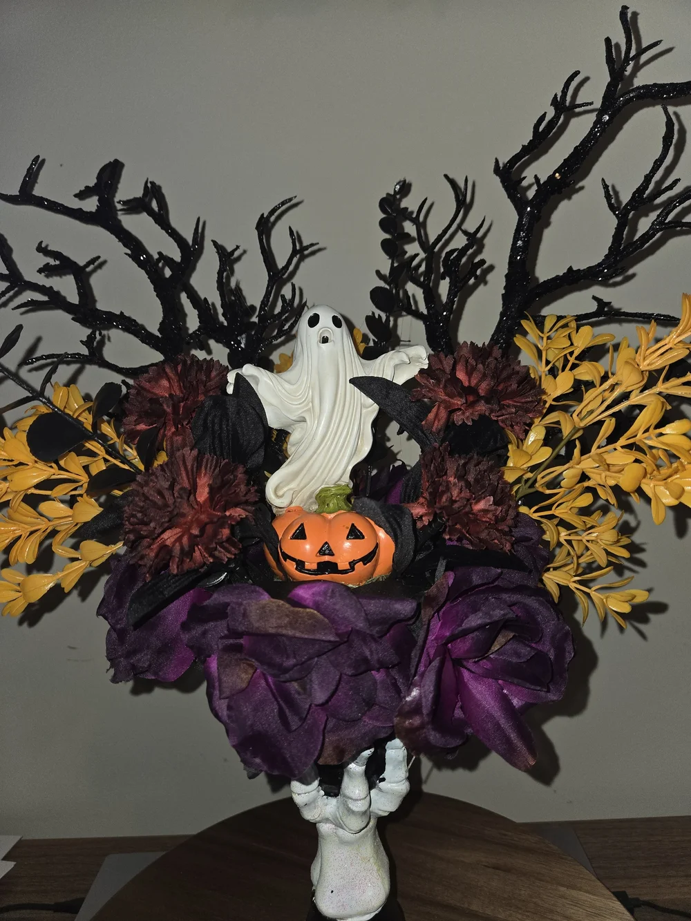 Halloween Faux Floral Arrangement with Purple, Orange & Black Accents W/ Ghost